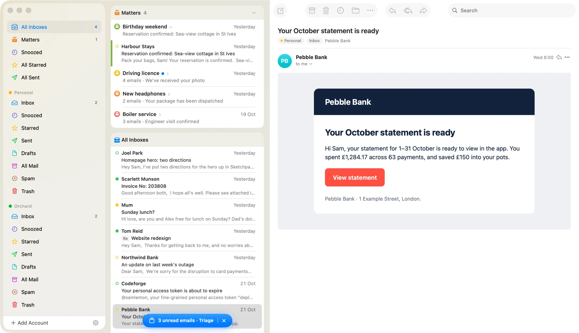 Matter Mail on a Mac. The sidebar lists All Inboxes, Matters and two accounts. All Inboxes opens with a Matters card (Birthday weekend, Driving licence, New headphones, Boiler service) above the rest of the inbox, and a bank's October statement email is open on the right.