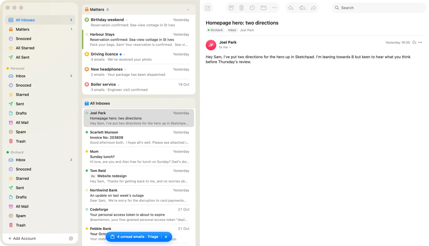 Matter Mail on a Mac: the inbox, with Matters at the top and an email from Joel Park open.